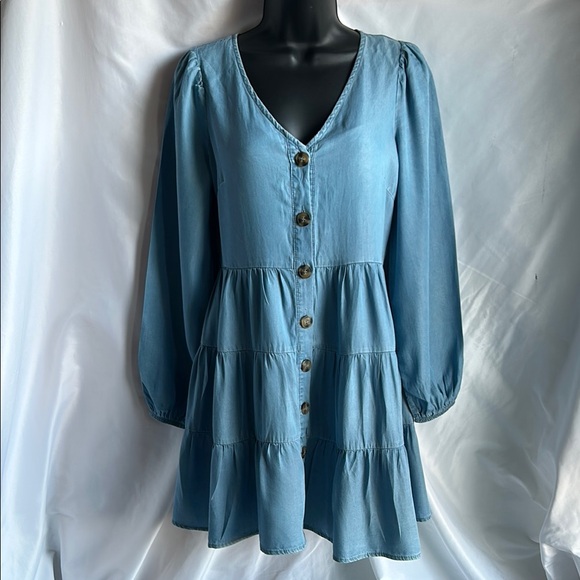 mine Dresses & Skirts - Mine Blue Button-Up 3 Tier Mini Dress